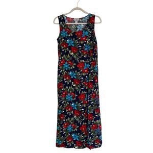 Vintage 80s Blue Red Hawaiian Floral Flowing Rayon Sheath Sundress Size Medium